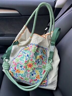 Embroidered Floral Tote Bag with Green Accents